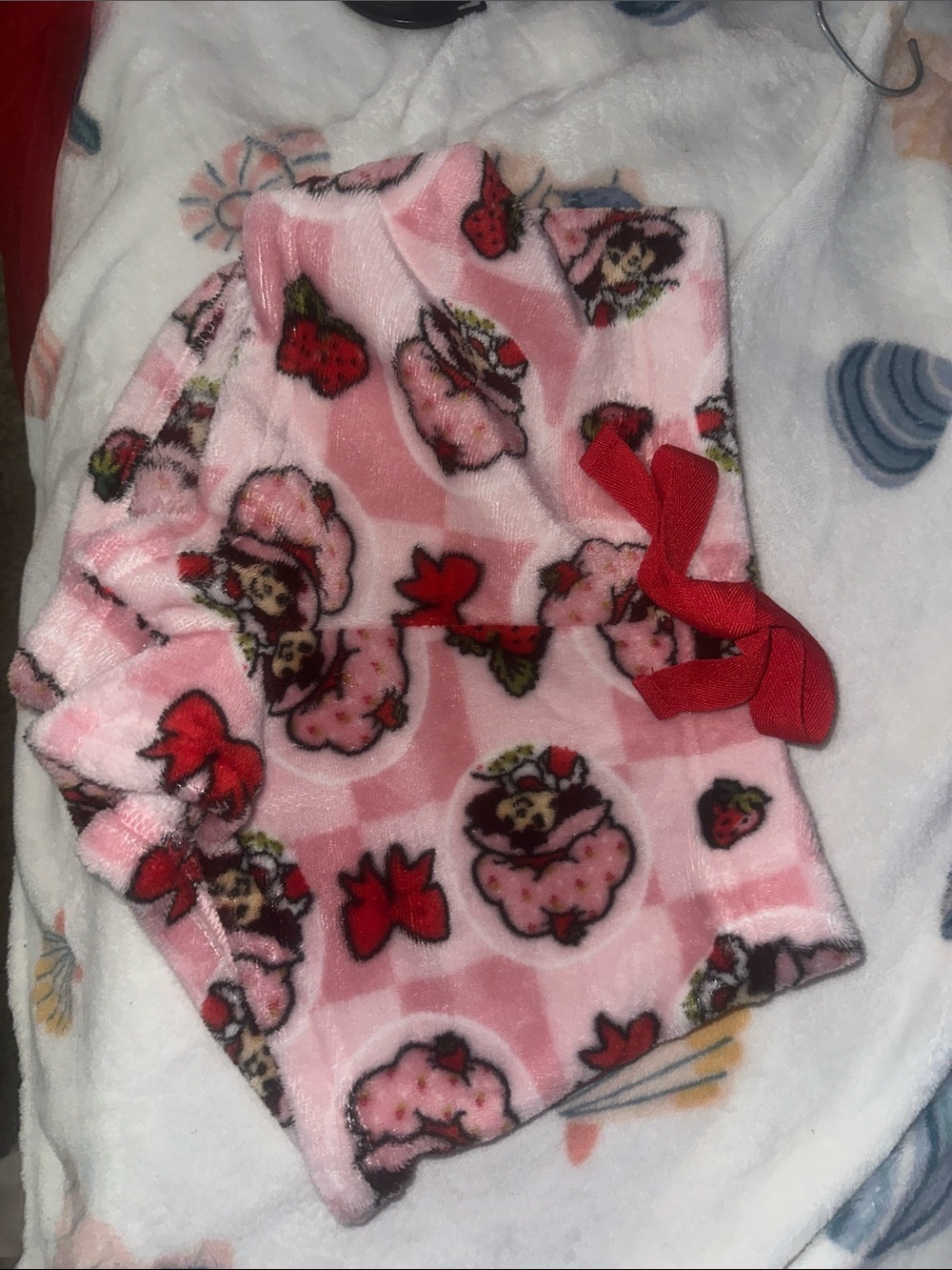 Pink Strawberry Character Plush Shorts with Red Bow